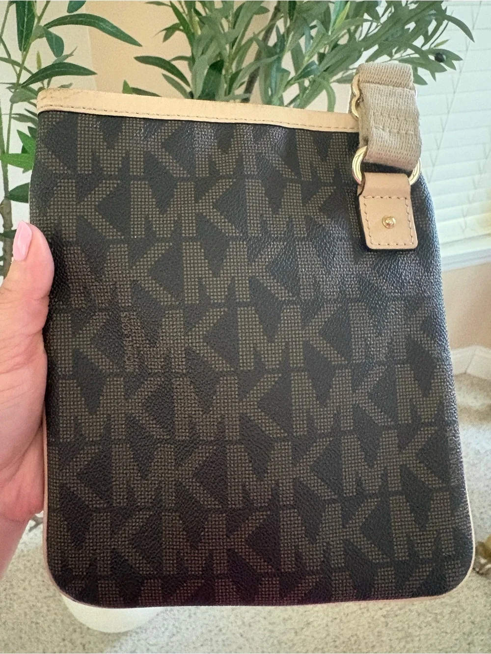 Michael Kors Dark Brown Signature Crossbody with Tan Trim
